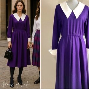 Vintage purple retro dagger collar midi dress. Peter Pan collar long sleeve